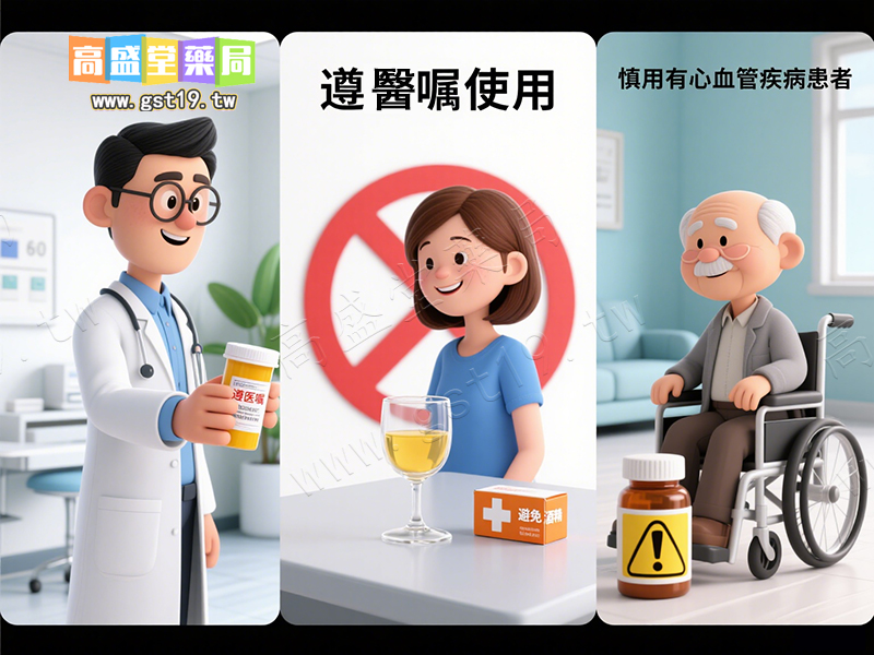 遵醫囑使用」、「避免酒精」、「慎用有心血管疾病患者.jpg